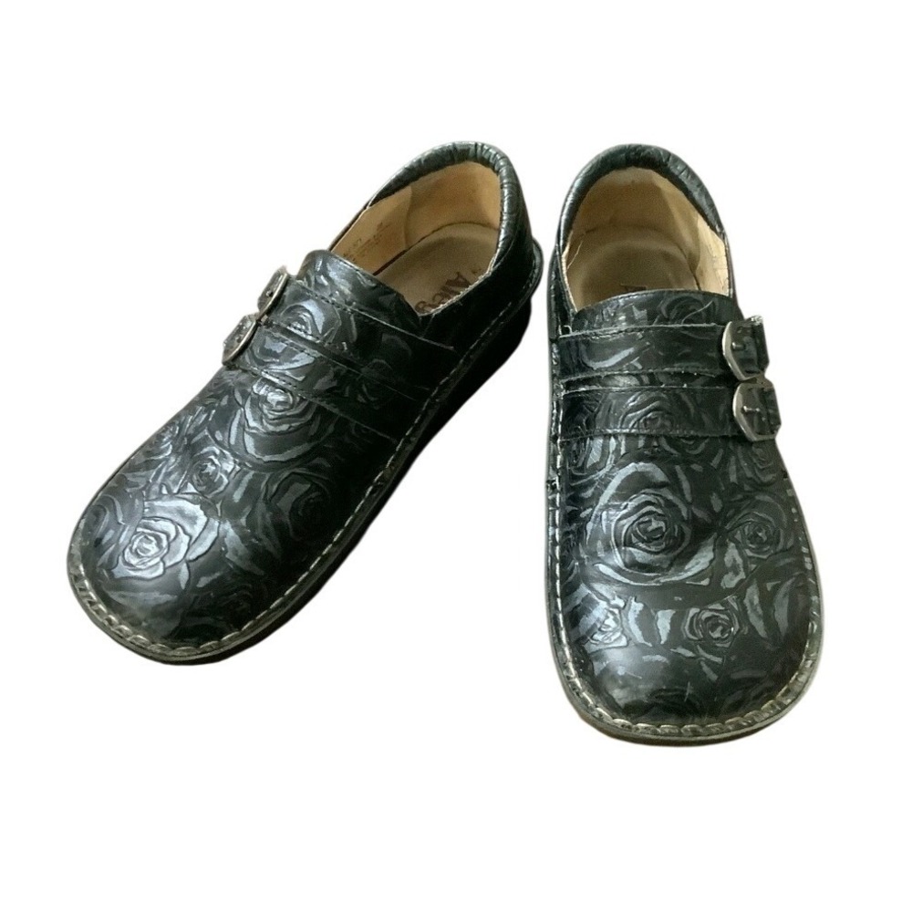 Alegria ALL-576 Black Embossed Floral Leather Double Buckle Mary Jane Clogs 39